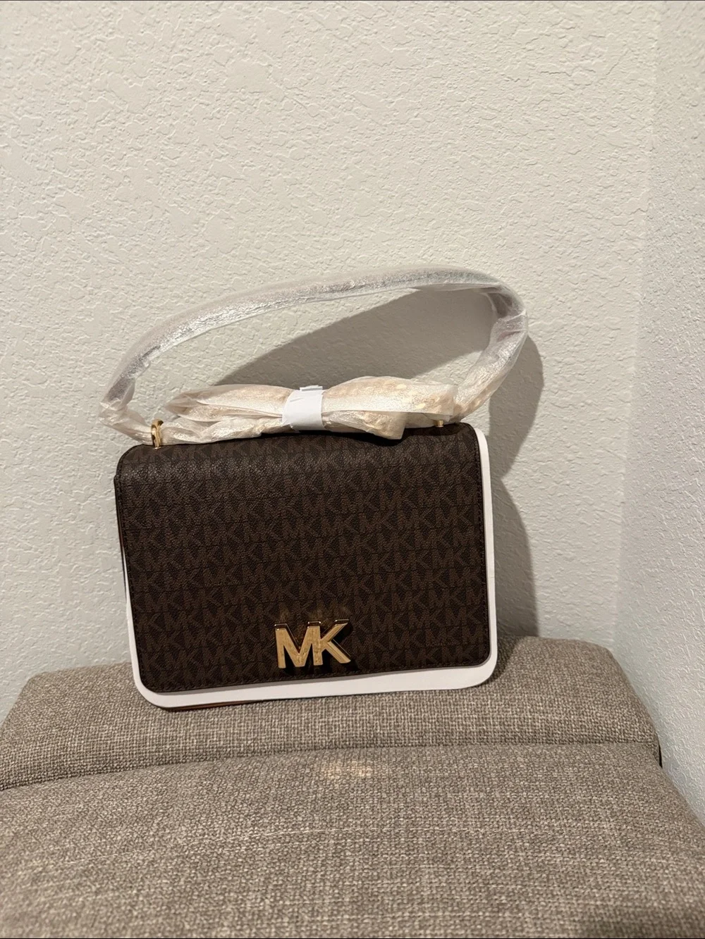 Michael Kors Brown with White Trim Monogram Shoulder Bag